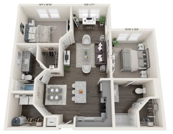 A floor plan of a two-bedroom apartment with a living room, kitchen, and bathroom.