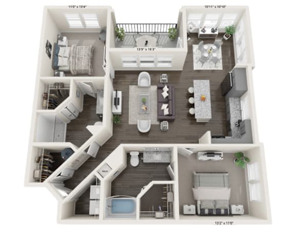 A 3D floor plan of a small apartment with a kitchen, living room, and two bedrooms.