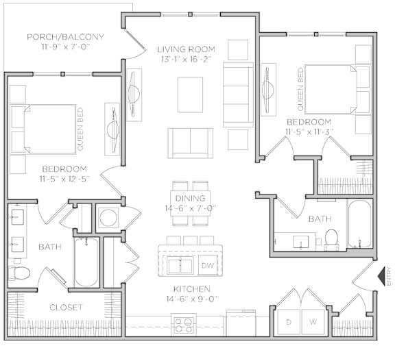 Dogwood 2 bed 2 bath Floor Plan at Waterleaf at Neely Ferry Apartments, Simpsonville, SC 29680