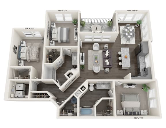 Floor Plan  A 3D floor plan of a house with labeled rooms and dimensions.