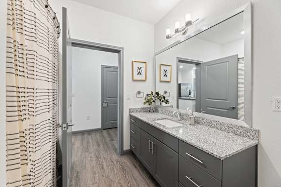 A bathroom with a sink, mirror, and a shower curtain.