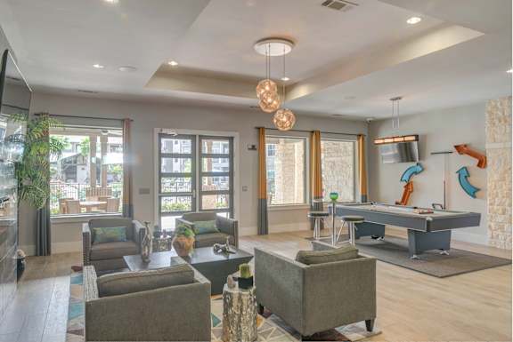 Clubhouse with Pool Table at Legacy Flats Apartments, Texas, 78254