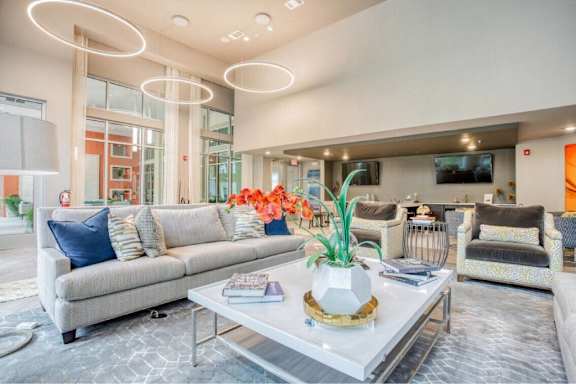 Living room with a couch and a coffee table at The Mark at Huebner Oaks, Texas