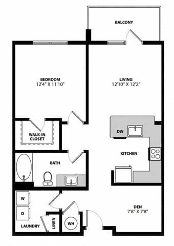 A1C_1b1b_734sqft_2D Floor Plan at Hudson at Renaissance Apartments, Wilmington, NC