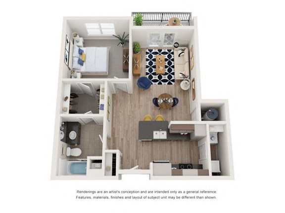 A1C_1b1b_734sqft_3D Floor Plan at Hudson at Renaissance Apartments, Wilmington, NC
