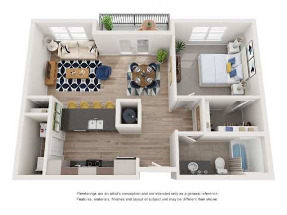 A1D_1b1b_747sqft_3D Floor Plan at Hudson at Renaissance Apartments, Wilmington, North Carolina