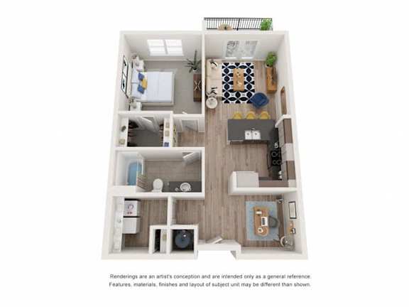 A1E_1b1b_778sqft_3D Floor Plan at Hudson at Renaissance Apartments, Wilmington, NC 28405