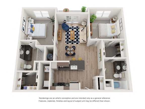 B2B_2b2b_1027sqft_3D Floor Plan at Hudson at Renaissance Apartments, North Carolina 28405