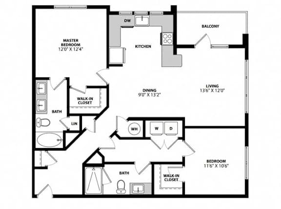 B2D_2b2b_1159sqft_2D Floor Plan at Hudson at Renaissance Apartments, Wilmington