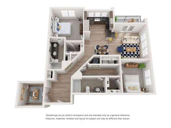 B2E_2b2b_1261sqft_3D Floor Plan at Hudson at Renaissance Apartments, North Carolina