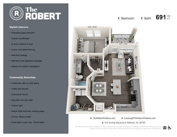 1B Floor Plan at The Robert Apartments, Madison