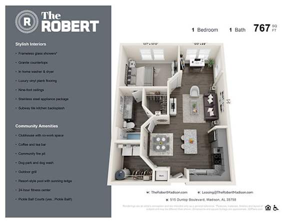 1 Bedroom Floor Plan at The Robert Apartments, Madison, 35758