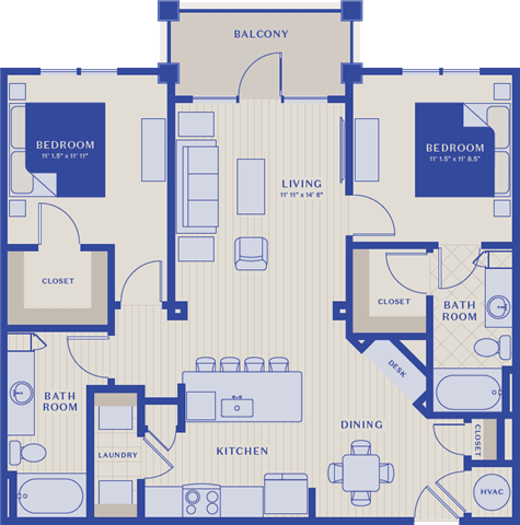 2 bed 2 bath The Shetland floor plan at Bellary Flats, Summerville