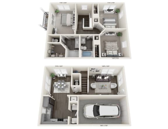 A floor plan of a two-story house with a garage and a living room.