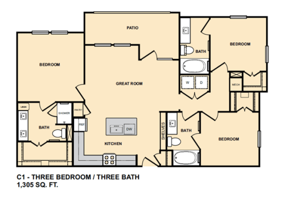 C1 3 Bedroom Floor Plan  at Edge and Stone, San Antonio