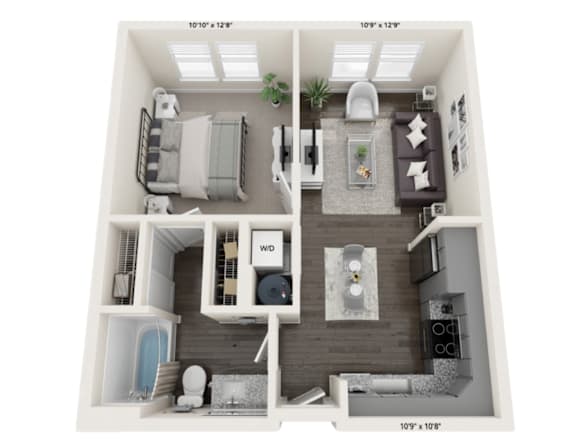 A 3D floor plan of a small apartment with a bedroom, living room, kitchen, and bathroom.