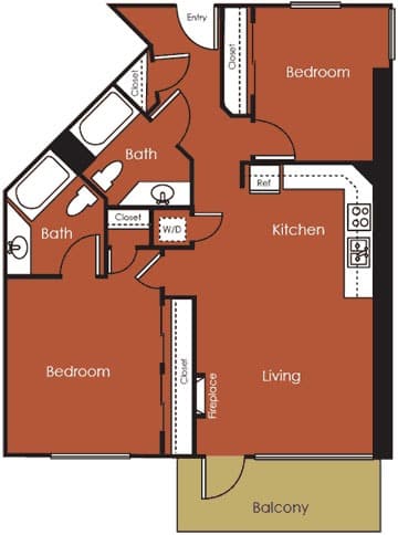 A diagram of a house layout with labeled rooms such as Bedroom, Bath, Kitchen, Living room, and Balcony.