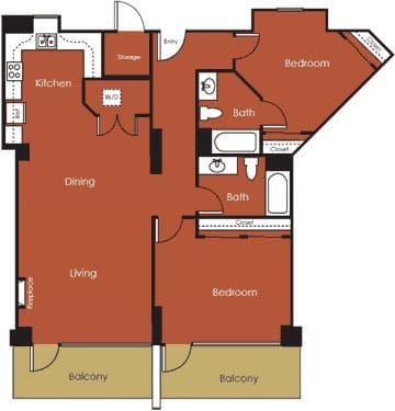 A floor plan of a house with two balconies, a kitchen, a dining area, two bathrooms, and three bedrooms.