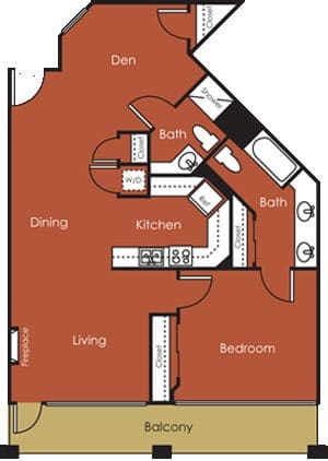 A floor plan of a house with a den, dining room, kitchen, living room, bedroom, and balcony.