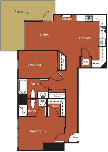 A floor plan of a house with a living room, kitchen, and three bedrooms.