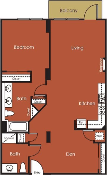 A floor plan of an apartment with a living room, kitchen, two bathrooms, a bedroom, and a balcony.