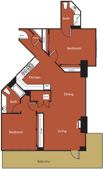 A floor plan of a house with a kitchen, dining room, living room, and two bedrooms.