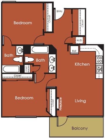 A floor plan of a house with two bedrooms, a living room, a kitchen, and a bathroom.