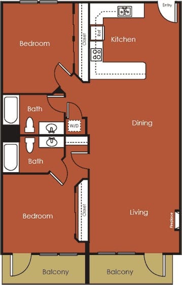 A floor plan of an apartment with two bedrooms, a living room, a kitchen, a dining area, a bathroom, and a balcony.