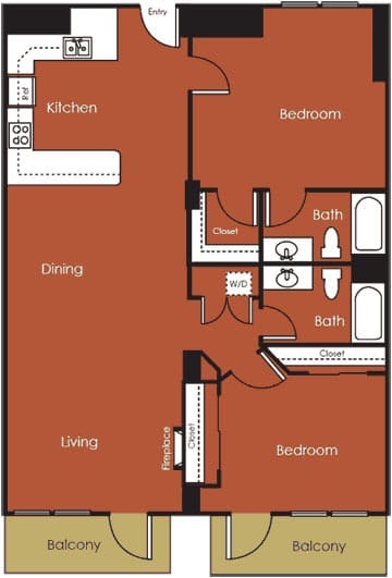 A floor plan of a house with a kitchen, dining area, living room, two bedrooms, two bathrooms, and two balconies.