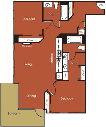 A floor plan of an apartment with a living room, dining room, kitchen, and two bedrooms.