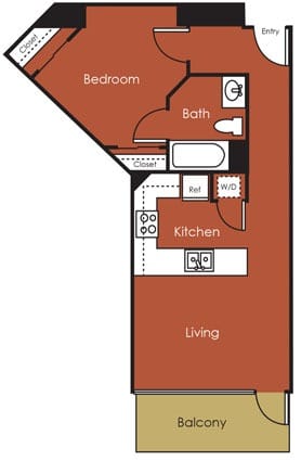 A diagram of a floor plan showing a bedroom, bathroom, kitchen, and living room.