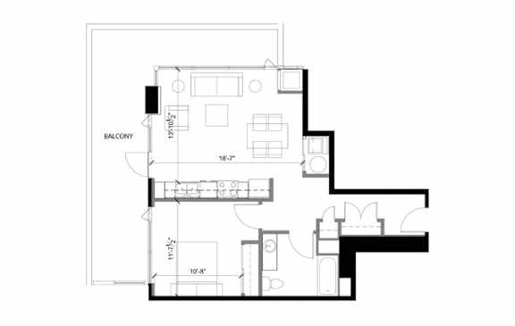 A black and white drawing of a house plan with a balcony.