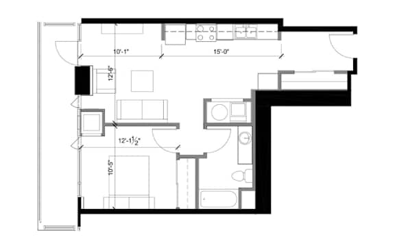 A black and white image of a floor plan with labeled rooms and measurements.