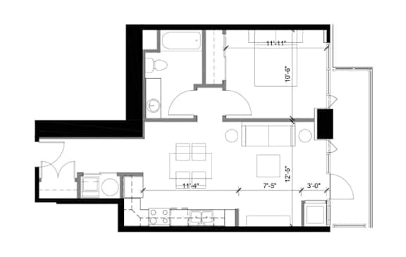 A black and white floor plan of a house with a kitchen, living room, and two bedrooms.
