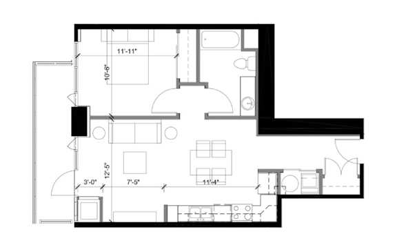 A floor plan of a house with a kitchen, living room, and two bedrooms.