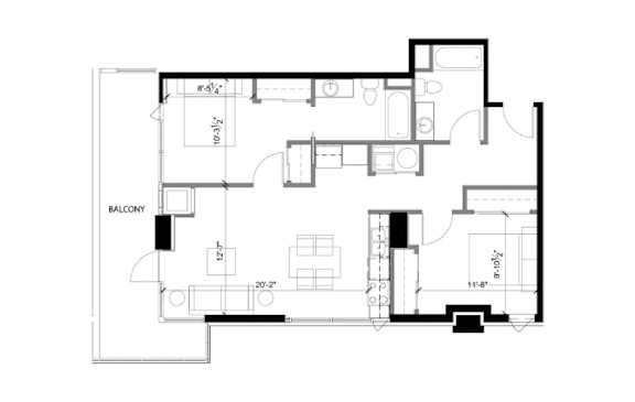 A black and white floor plan of a house with a balcony.