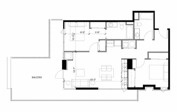 A black and white image of a floor plan for a balcony.