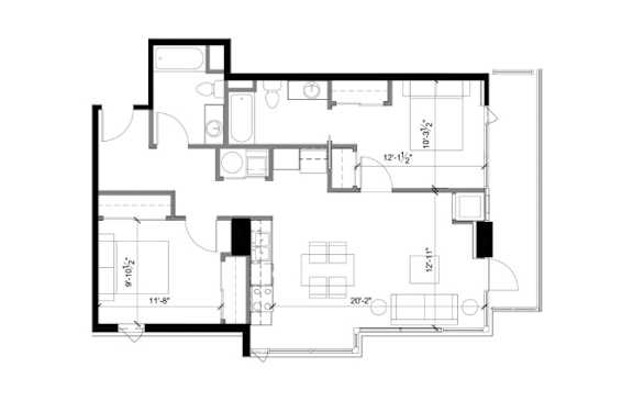 A floor plan of a house with a kitchen, living room, and two bedrooms.