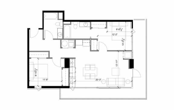 A floor plan of a house with a kitchen, living room, and two bedrooms.