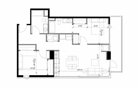A floor plan of a house with a kitchen, living room, and two bedrooms.