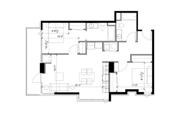 A black and white floor plan of a house with rooms labeled.