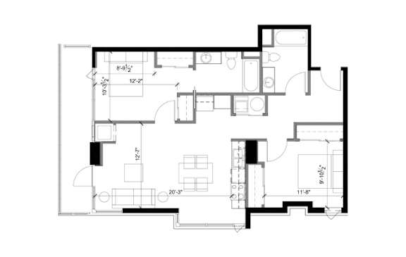 A black and white floor plan of a house with labeled rooms and dimensions.
