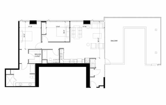 A black and white floor plan of a house with a walk-in closet and a balcony.