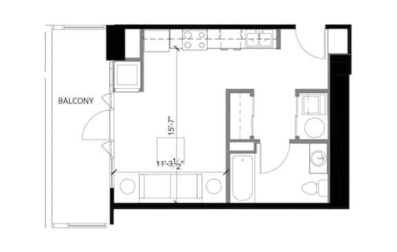 A black and white image of a floor plan for a balcony.