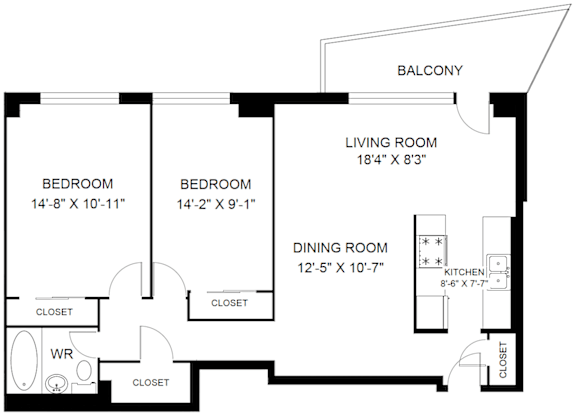 A black and white image of a floor plan for a home with a balcony, two bedrooms, a dining room, a living room, and a kitchen.
