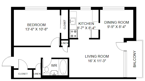 A black and white image of a floor plan for a home with a bedroom, kitchen, dining room, living room, and balcony.