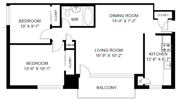 A black and white image of a floor plan for a home with a living room, dining room, kitchen, and two bedrooms.