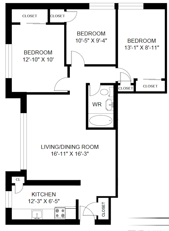 A black and white image of a house floor plan with four bedrooms, a living/dining room, a kitchen, and a workroom.
