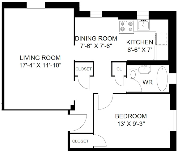 A floor plan of a house with a living room, dining room, kitchen, and bedroom.