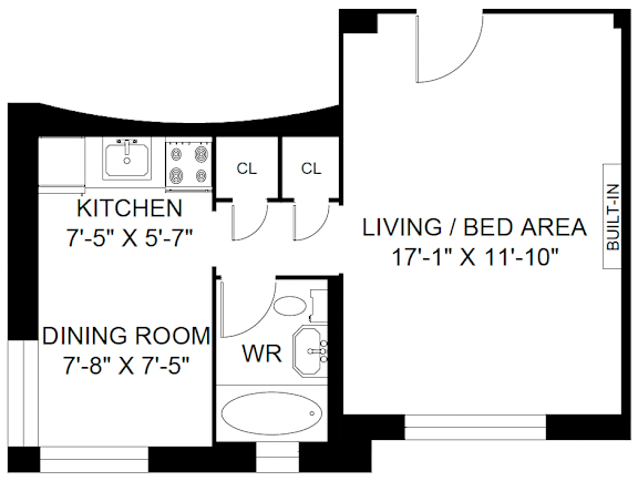 A floor plan of a living space with a kitchen, dining room, and living/bed area.